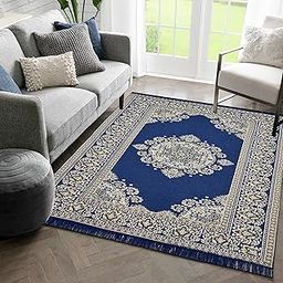 Designer Superfine Exclusive Cotton Rectangular Carpet/Area Rug/Bedside Runner, Cotton Living Room Carpet, Durries In (Blue, 4X6 Feet)-picture-25