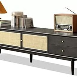 Modern TV Stand Entertainment Unit, Black Wood with Rattan Panels, 4 Drawers, Mid-Century Design 180 x 35 x 44 (cm)-picture-18