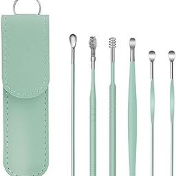 Ogweno 6 Pcs Ear Wax Cleaner Kit - Reusable Stainless Steel Ear Cleaning Tool Set with Ear Curette, Spiral and Spring Picks, Leather Pouch for Safe Home and Travel Earwax Removal (Green)-image-3