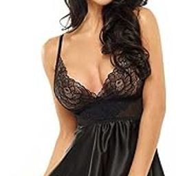 Women's Satin Blend Embroidered Above The Knee Babydoll with Eye Mask Black Free Size-image-37