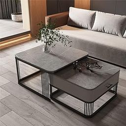 ECONODECOR Modern Marble Finish Set of Coffee Table 2 Piece, Nesting Stacking Tea Table Stylish Square Center Table with Storage Drawer Metal Frame Perfect for Living Room (Black & Grey)-15