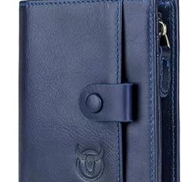 Men's Genuine Leather RFID Blocking Bifold Zipper Coin Pocket Slim Purse Wallet with 12 Card Holder (Blue)-image-0