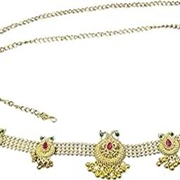 Gold-Plated Kamarbandh, Traditional Temple Style Hip Chain with Ruby Red and Emerald Green Stones, 68 cm-0