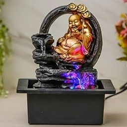 CHRONIKLE Golden Brown Polyresin Tabletop Laughing Buddha 3 Step Indoor Water Fountain for Home Decor with LED, Speed Control Pump (Size: 21 x 18 x 26 CM | Weight: 1015Gram)-image-48
