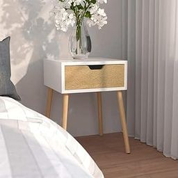 VASIL MART Accent End Table Side Table with Drawer and Solid Wood Legs, Bedside Table for Bedrooms, Mid-Century Modern Drawer Storage Cabinet for Living Room Furniture.(White & Beige)-image-10