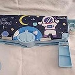 Sky Travel Space Theme Pencil Box with Scissors, Multi-Compartment Geometry Box for Kids, Blue-image-35