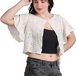 Women Self Design Cotton Lace Round Neck Flared Sleeve Shrug | Front Open, Button Closure | Cream Colour | Small-8