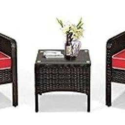 Mymigos 3 Piece Outdoor Furniture, 2 Seat Sofa Set, and 1 Table Glass Topped Table Patio Bistro Set, Wide Armrest, Perfect for Balcony, Garden, Lawn, Poolside(Brown and Red)-image-49