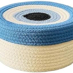 Round Cotton Rope Evil Eye Storage Basket with Lid, Decorative Woven Storage Bin, Pot, Caddy, Organizer, Container for Snacks, Plants, 8x8x5 Inches Multicolor-picture-25