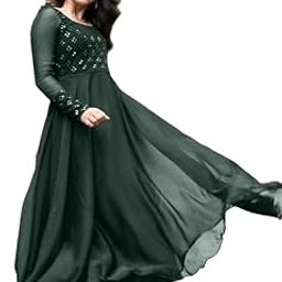 Traditional Indian Wear Embroidered Mirror Work Georgette Anarkali Kurta for Women - Solid Design, Long Sleeves, Ankle & Floor Length, 3.5 Meter Flare-picture-0