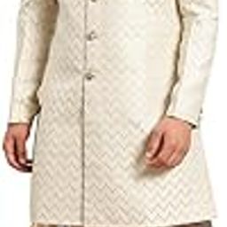 Men's Indo-Western Sherwani, Off White Silk Blend, Jacquard Regular Fit Mandarin Collar Long Sleeves-image-40