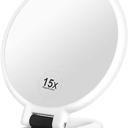 BANIRA Handheld Mirror, Double-Sided Magnification (1x & 15x), Foldable Handle, White Finish, 13.5 cm x 2, Tabletop Mount, Perfect for Makeup & Grooming-49