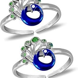 Exuberant Colourful Peacock Design Toe Rings in Pure 92.5 Sterling Silver for Women | Chandi bichiya | blue enamel toe rings for women-image-58