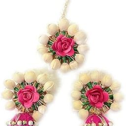 Flower Maang Tikka for Wedding | Baby Shower | Haldi | Mehandi | Maang Tikka with Earring Jewellery Set for Wedding for Girls and Women (Set of 3)-3
