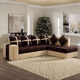 KENDALWOOD Furniture 6-Seater L Shape Corner Sofa for Living Room | 6-Seater L Shape Sofa (Right Facing) with 6 Small Pillow | Sofa for Home & Office Furniture | Brown & Cream Finish-image-19