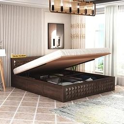 STRATA FURNITURE Sheesham Wood Diamond King Size Bed with Hydraulic Storage and Headboard for Living Room Home Bedroom Wooden Double Bed Cot Palang Furniture (Walnut Finish)-image-9