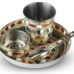 Rolimoli Steel bhog thali Set of 4 pcs for laddu gogal bhog thali with Glass Bowl and Spoon Stainless Steel-image-55