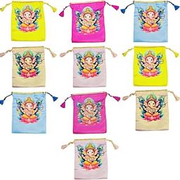 Sri Yagnaa - Pack of 10 Ganesh Design Fabric Potli Bags - Women's Silk Drawstring Closure - Gift Pouches - for Return Gifting - Potli Bags for Thamboolam - Fabric Potli Batwa Bag (Multi-Color)-22