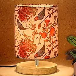 Homesake® Pine Table Lamp-Wooden Bedside Lamp Simple Bedroom Light Linen Shade Mini Desk Lamp Nightstand Lamp for Bedroom, Living Room, Gift, (Bird Cylinder)-14