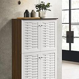 DeckUp Plank Bei 4-Door Engineered Wood Shoe Rack with Wooden Legs (Walnut and White, Matte Finish)-6