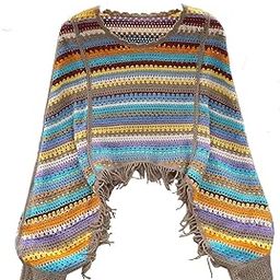 Women Multicolour Hollow Out Batwing Sleeves Crochet Cape Poncho Bohemian Tassel Crop Top (ONE Size 30-36 Inch)-image-26