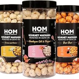H O M House Of Makhana 195g Cream and Onion, Himalayan Salt and Pepper And Peri Peri Gourmet Makhana Jar Roasted in Olive Oil, Flavored Makhana Pack of 3 (65gX3)-image-23