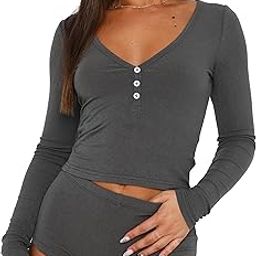 Women 2 Piece Ribbed Knit Pajama Set Long Sleeve Button Crop Top and Shorts Lounge Sweatsuits Sleepwear PJ Set-image-15