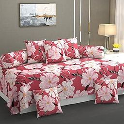 Floral Print Diwan Set, Multi-Color Flower Cushion and Bolster Covers, Pink, 8 Pieces (Purple)-0