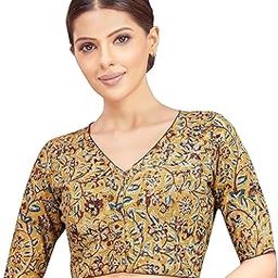 Women's Thick Cotton Kalamkari Printed Saree Half Sleeve Blouse-24