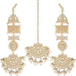 Gold Plated with Stunning Matte Finish Long Traditional Kundan & Faux Pearl Chandbali Earrings with Maang Tikka Set for Women/Girls (TE2861W)-image-76