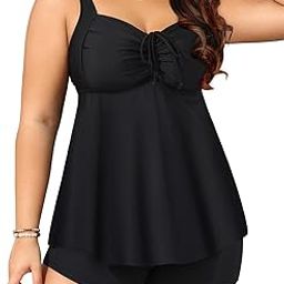 Plus Size Tankini Swimsuits for Women with Shorts Flyaway Bathing Suits 2 Piece Swimwear, Black, 12 Plus-image-26