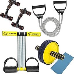 LIONFIT 4-in-1 Home Gym Combo Kit for Men & Women | Tummy Trimmer, Push-Up Bars, Resistance Tube, Ab Roller with Knee Mat | Full Body Workout Set | Portable Fitness Equipment for Home Exercise (YELLOW)-image-89