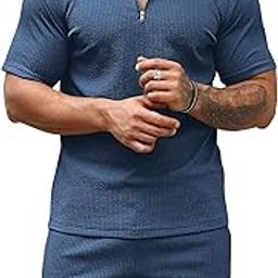 Men's Polo Shirt and Shorts Set | Summer Fashion Short Sleeve Solid Zipper 2 Pieces Outfits for Men-image-29