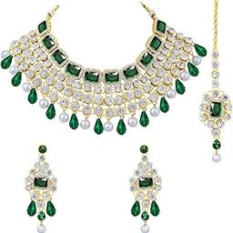 Crystal Choker Necklace with Maang Tikka Earrings Indian Traditional Bridal Wedding Jewellery Set for Women-image-36