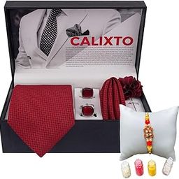 Men's Premium Accessories Gift Set Necktie, Pocket Square, Cufflinks, Lapel Pin & Rakhi with Roli Chawal – Perfect Gift Hamper for Raksha Bandhan-image-90
