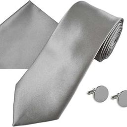 Solid Grey Italian Silk Tie, Pocket Square & Matching Cufflink Gift Set for Men – 2.75" Slim Necktie, 10x10 Handkerchief, Brass Cufflinks – Elegant Formal Accessories in Wooden Gift Box-image-70