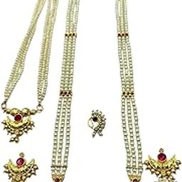 Traditional Maharashtrian Pearl Necklace Set with Moon Shape Pendant, Tanmani, Nath and Jhumka, Gold-Plated-image-87