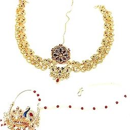 nikyanka Combo Jewellery Traditional Rajasthani golden and multicolor maang tikka and peacock Nathiya/Nose Ring with Pearls Chain in Kundan for Women and Girls-picture-21