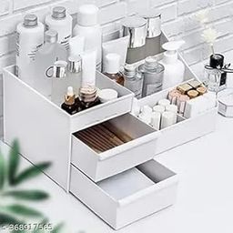 Plastic Versatile Cosmetic Organizer Box With Drawers And Vanity Brush Holder Makeup Storage For Women Lipsticks, Skincare, Brushes, Eyeshadows, Lotions, Nail Polish, Stationery, White (WHITE)-11
