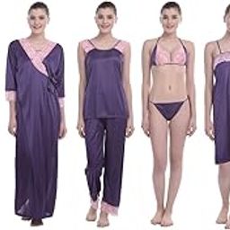 FNK Style Satin Soft Sexy Night Gown Set with Nighty Maxi Top Lower Babydoll with Robe for Women Sleep Wear for Wedding Night & Honeymoon Purple-image-6