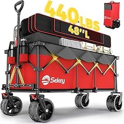 Sekey Collapsible Foldable Extended Wagon with 440lbs Weight Capacity, Heavy Duty Folding Utility Garden Cart with Big All-Terrain Beach Wheels & Drink Holders. Red&Grey-image-36
