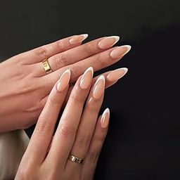 Secret Lives Glossy Reusable Artificial Almond Shape Nude Color with White Tips French Design Press on Nails 24 pieces Set with Kit-48