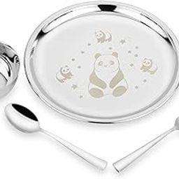 KITCHEN CLUE 304 Stainless Steel Dinner Set for Kids – Set of 5 Pcs, Mirror Finish, 24cm Dia Dinner Plate | BIS Approved, Child Thali Set with Spoon, Fork, Glass & Bowl | Panda Laser Design-image-84
