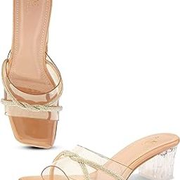 Patent Block Heels with Transparent Straps | Rhinestone Embellished Upper | Stylish Square Toe Sandals | Glossy Block Heels for Girls-17