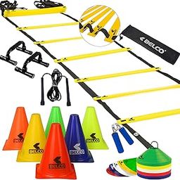 BELCO SPORTS PVC 6 Inch Cones Pack 10,20 Space Markers and 8 Meter Ladder with Pushup Stand Gripper & Skipping Rope Agility Combos (Multicolour)-13