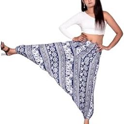 Alphanic Man & Woman Cotton Soft Elephant Printed Harem Pants Pockets Yoga Hippie Trousers Blue-picture-1