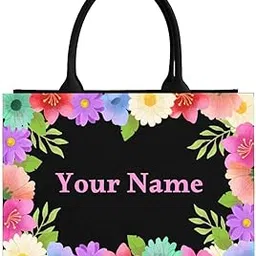 rerden Personalized Floral Canvas Tote Bag, Black with Colorful Flower Border Design, Large Shopping Carryall, Customizable Name-picture-40