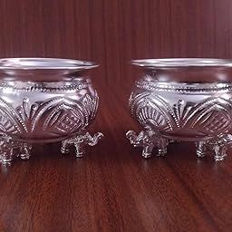 Pure German Silver Elephants Legs Bowl (Pair) for Multipurpose Use | Silver Plated Haldi Kumkum Holders Combo Pack-image-4