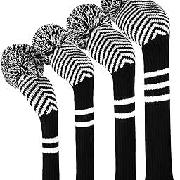 Scott Edward Knitted Golf Head Covers 4PCS Handmade Fit Well for Driver and Fairway Woods with Long Neck Pom Pom Golf Club Headcovers Set (Black White Herringbone)-image-49