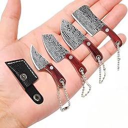 Belivoz Mini Knife Keychain Set ? 4Pcs Real Damascus Style Tiny Chef Knives with Wooden Handle ? Pocket Cleaver, EDC Miniature Weapon Keychains for Gifting, Decoration & Collectors-image-99